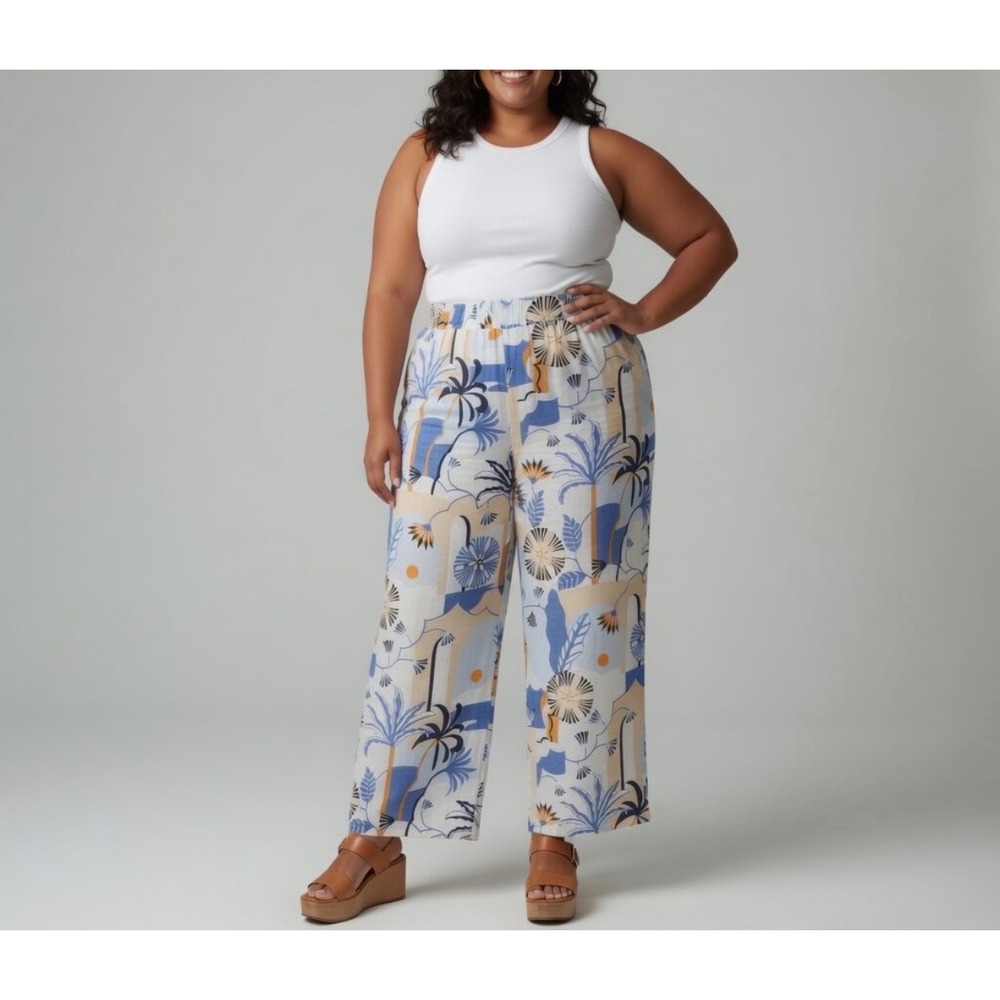 Nicole Miller New York Womens XL Linen Wide Leg Tropical Palm Print Pants Blue